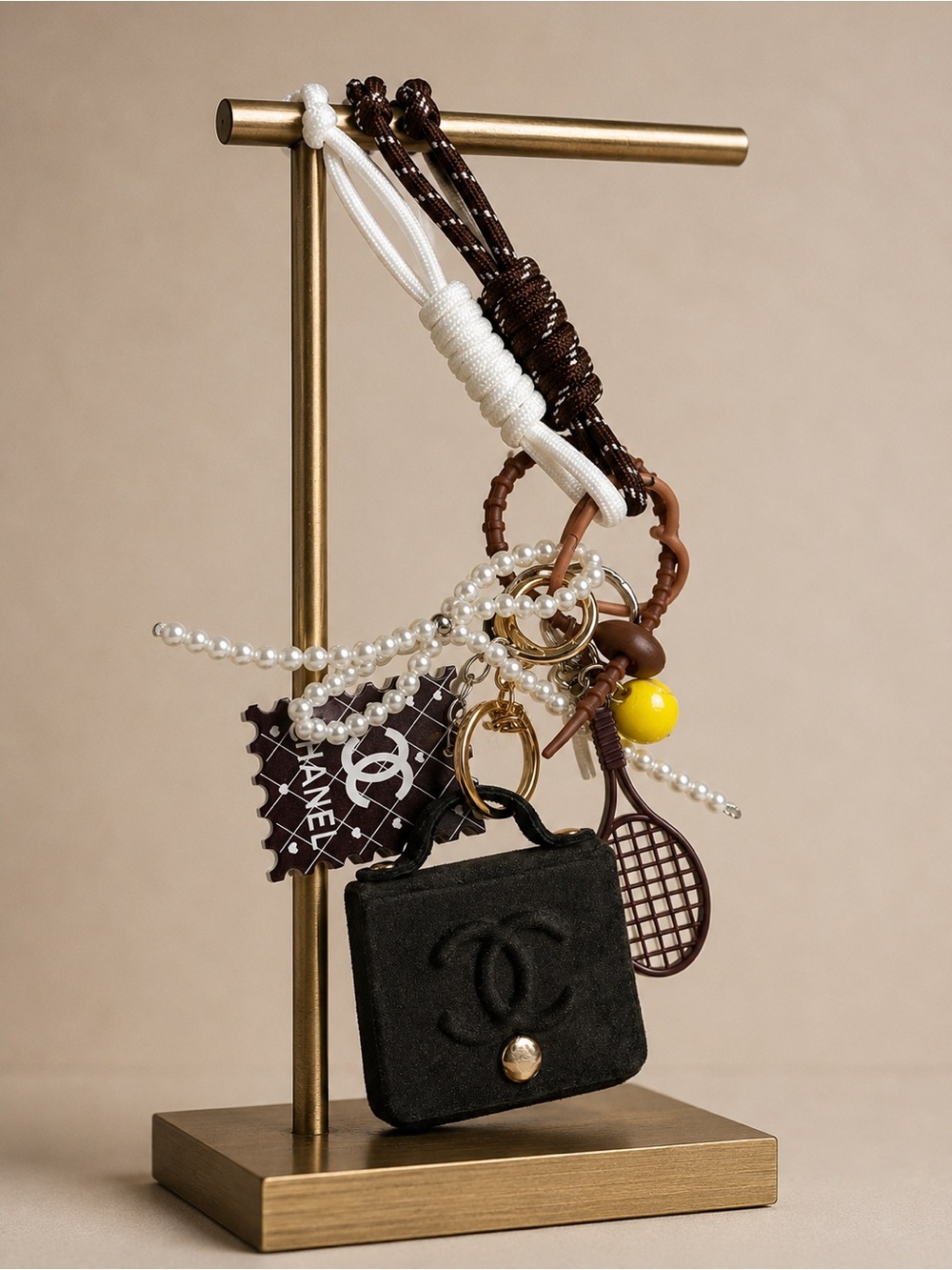 Fashion Black Mini Bag CC Charm Keychain with Pearl and Tennis Charm